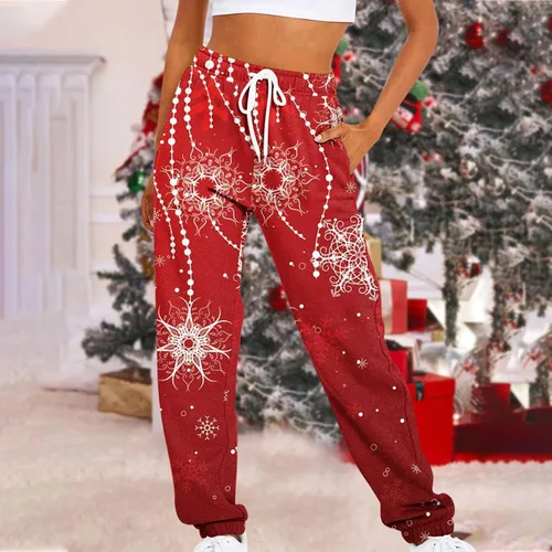 Vista 2 de Pantalones de Navidad para mujer, con bolsillos, con cordón, pantalones deportivos estampados de cintura alta, pantalones largos holgados