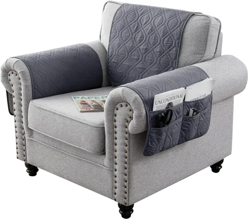 Vista 16 de Juego de 3 fundas impermeables para sofá reclinable, funda para reposabrazos y reposacabezas con 6 bolsillos de almacenamiento, protector acolchado