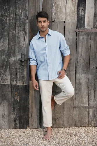 Vista 3 de Camisa de lino y algodón con botones para hombre, casual, manga larga, cuello extendido, ligera, para la playa