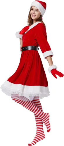 Vista 2 de Kofero Disfraz de Sra. Claus para mujer, disfraz de Papá Noel para adultos, talla grande, 5 piezas, traje de cosplay rojo, fiesta de Navidad