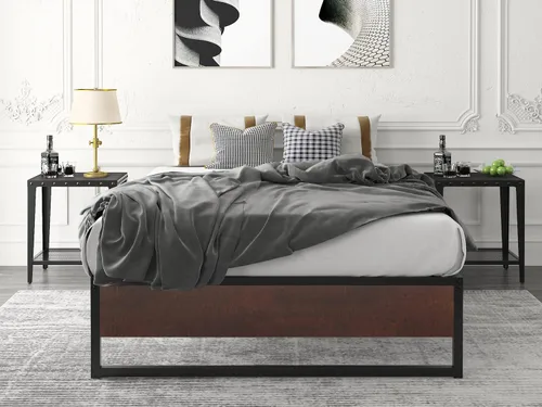 Vista 3 de HOOMIC Base de cama de plataforma de metal de 14 pulgadas con estribo de madera rústica, base de colchón con almacenamiento, listones de metal, sin