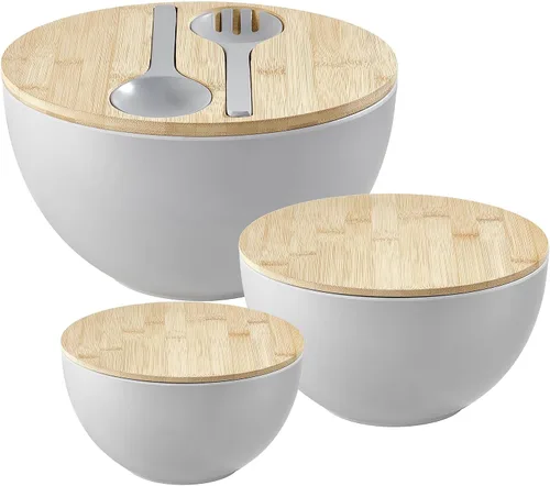Vista 14 de ECOWAY Juego de 3 cuencos de ensalada con tapas de bambú, juego de tazones de mezcla, cuencos anidables para almacenamiento de ahorro de espacio 3