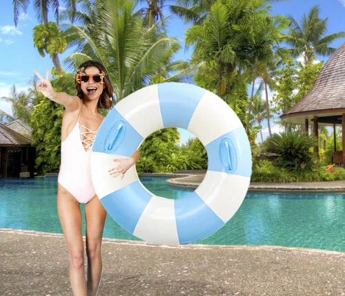Vista 8 de Flotadores inflables de piscina para adultos, paquete de 2 flotadores a rayas, tubos de piscina, anillos de natación con asas, flotador inflable