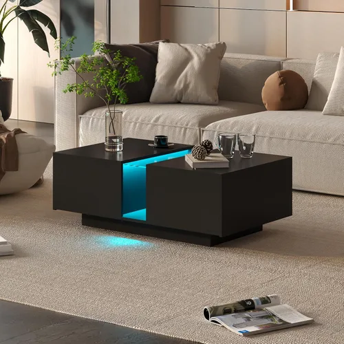 Vista 9 de HedoAjim - Mesa de café LED negra para sala de estar, mesa rectangular de sala de estar con almacenamiento, mesas de café acrílicas con 2 cajones