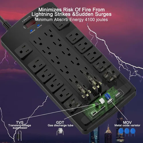 Vista 5 de QINLIANF Protector contra sobretensiones Regleta de enchufes - Cable de extensión de servicio pesado con enchufe plano de 6 pies con 24