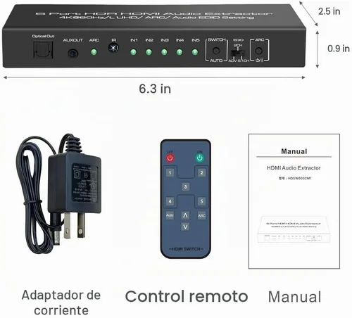 Vista 7 de 5 en 1 salida 4K @60Hz HDMI Switch Extractor de audio con óptico y salida de 0.138 in, divisor de audio HDMI 2.0 compatible con HDR 10, HDCP 2.2