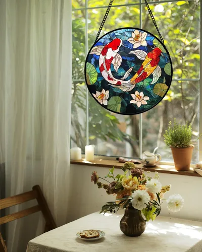 Vista 2 de Atrapasoles de Vidrio Manchado para Colgar en Ventanas, Koi y Loto para Puerta, Decoración del Hogar, Atrapasoles de Pescado, Regalos de Navidad