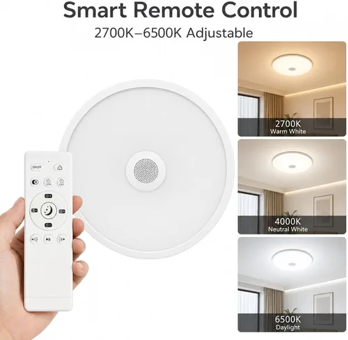 Vista 4 de Lámpara de techo impermeable mejorada con música LED con altavoz Bluetooth, certificado FCC UL1598, luz cambiante de color de 18 W con control