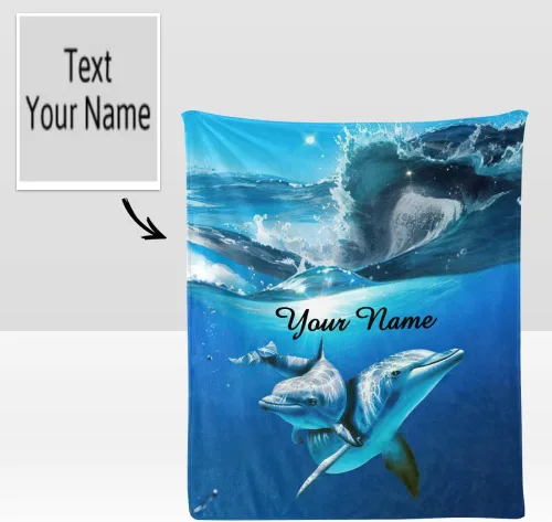 Vista 2 de Manta personalizada con nombre y texto, manta de forro polar súper suave personalizada de delfines para sofá, cama (50 x 60 pulgadas)