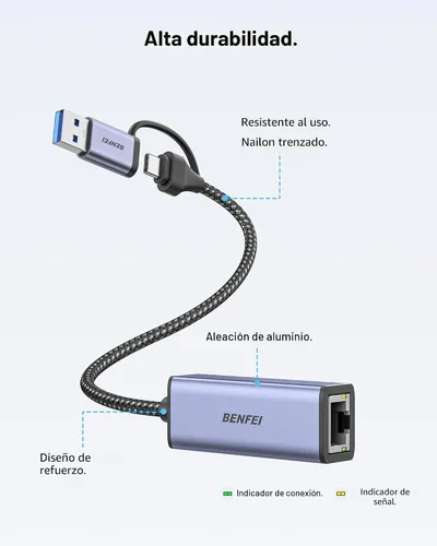 Vista 9 de BENFEI Adaptador USB 3.0 a Ethernet, Adaptador USB C a RJ45 de LAN Gigabit (1000Mbps), Compatible con MacBook/Pro/Air, Surface Pro, Windows