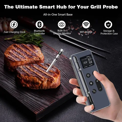Vista 2 de Termómetro inalámbrico inteligente Bluetooth para carne con base de pantalla, precisión NIST ±0.5°F, sonda ultrafina resistente al calor de 1000 °F