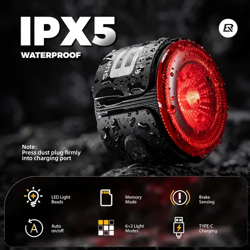 Vista 6 de ROCKBROS Luz trasera de bicicleta inteligente, ángulo ajustable y doble montaje luces traseras de bicicleta, cuentas potentes con diseño óptico