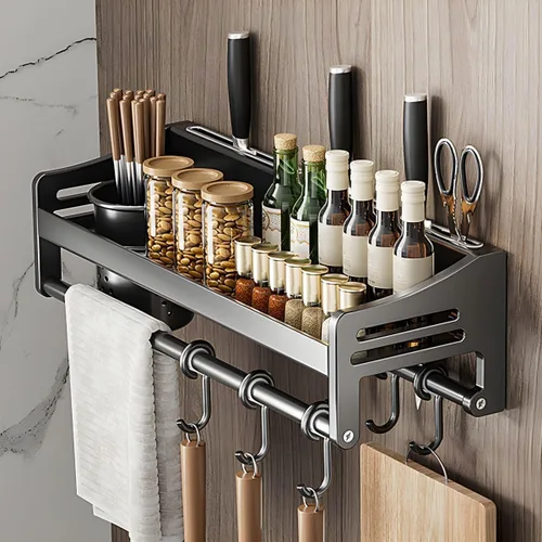 Vista 8 de Wall Stainless Steel Storage Rack Gray with Hooks Kitchen Wall-Mounted No Drilling Required, Multi-Functional Knife Kitchen Storage Stainless Steel