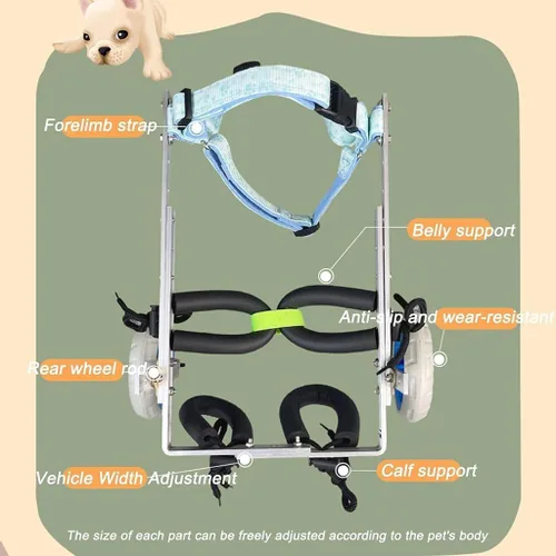 Vista 5 de Silla de ruedas ajustable para perros, silla de ruedas para patas traseras, aluminio ligero, silla de ruedas para 2 mascotas/perros, con ayuda