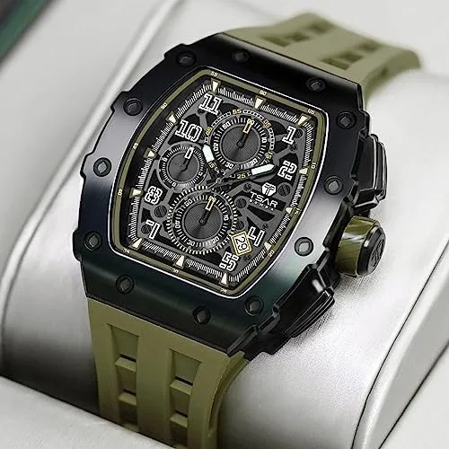 Vista 7 de Mens Watches Luxury Tonneau Watches for Men Waterproof 50M Analog Replica Watch Chronograph Calendar Date Mens Dress Business Work Watch Diver Large