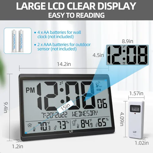 Vista 4 de Reloj de pared atómico LFF/Nunca necesita configuración, funciona con pilas, reloj de pared atómico con temperatura y humedad interior/exterior Negro
