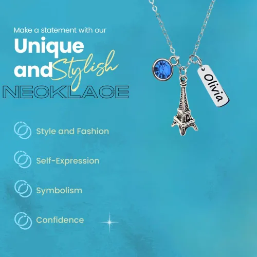 Vista 3 de Collar personalizado de la torre Eiffel, piedra natal personalizada con nombre grabado en la torre Eiffel, colgante de torre Eiffel para mujer