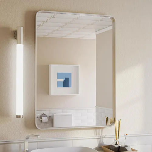 Vista 21 de ISKM Espejo con marco negro para pared de 20 x 16 pulgadas, espejo de tocador de baño antioxidante, vidrio templado, espejo rectangular redondeado
