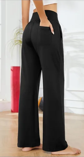Vista 5 de SUNYAA Pantalones de yoga de pierna ancha para mujer, cintura alta, holgados, casuales, cómodos, para descansar, palazzo, pijamas con bolsillos