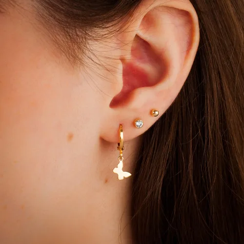 Vista 3 de 14K Gold Clasp Closure Dangle Earrings, Trendy Hoop with Charm, Huggie Hoop Earrings, Hypoallergenic Nickel Free Earrings, Lightweight Huggies for