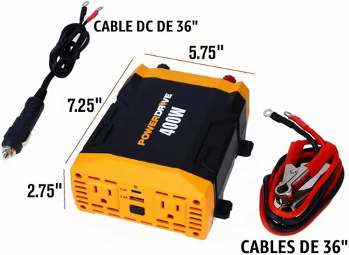 Vista 3 de PowerDrive PWD400 - Inversor de corriente de 400 vatios de 12 V CC a 110 V CA con 2 salidas y 2 puertos