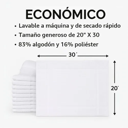 Vista 2 de Paquete de 12 toallas de baño blancas de 20 x 30 pulgadas (no una alfombra de baño), mezcla de algodón, lavables, económicas