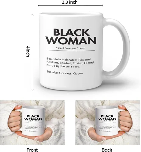 Vista 4 de OGILRE Black Woman Definition - Taza de cerámica impresa de doble cara con citas inspiradoras, diseño moderno de mujer afroamericana, taza de té