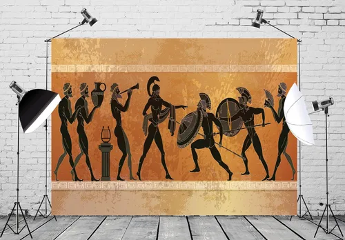 Vista 2 de Telón de fondo de tela de 5 x 3 pies, fondo de guerrero de la antigua Grecia antigua, mitología griega, figura negra, figuras de guerreros