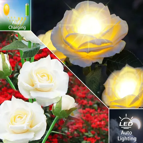 Vista 3 de SmilingTown Luces solares de flores para exteriores, impermeables, [actualizadas], paquete de 2 10 rosas blancas, luces decorativas para jardín