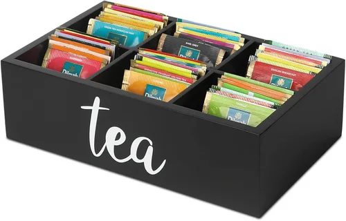 Vista 9 de LBEMEY - Organizador de bolsas de té, recipientes de almacenamiento de té de madera con 6 compartimentos, soporte para paquetes de azúcar, caja