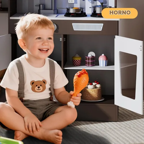Vista 7 de JOYLDIAS Juego de cocina de madera para niños pequeños con luces y sonidos Marrón