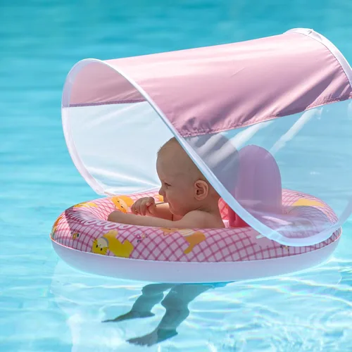 Vista 9 de Flotador inflable de natación para bebé con asiento seguro y toldo para niños de 6 a 36 meses beige dog
