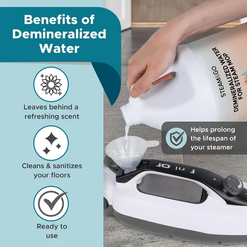 Vista 6 de Steam & Go Solución de limpieza de agua desmineralizada para limpiadores de vapor de pisos y superficies múltiples, compatible con todas las mopas