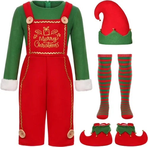 Vista 2 de Kids Christmas Elf Costume Set Girls Holiday Elf Jumpsuit Costume for Xmas Party Outfits