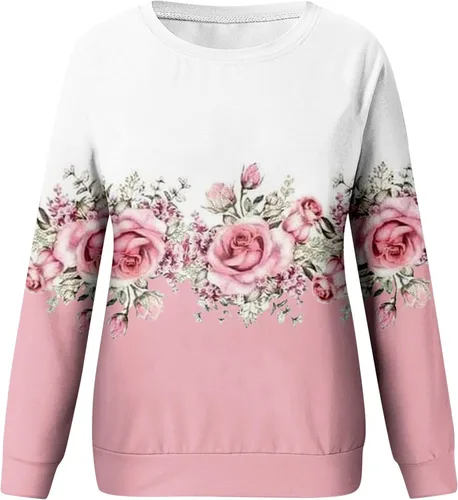 Vista 3 de Sudadera de gran tamaño para mujer, con bonito estampado floral, cuello redondo, holgada, cómoda, de manga larga