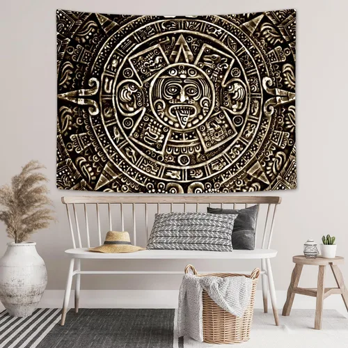Vista 6 de Tapiz maya azteca para colgar en la pared, vista cercana de la historia del antiguo calendario azteca de la civilización maya, decoración artística