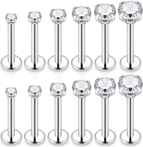 Vista 6 de SCERRING - 6 pares de joyería para piercing de acero inoxidable 16 g con configuración de puntas, circonita cúbica transparente con rosca interna