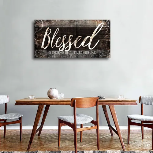 Vista 4 de MESESE Arte de pared en lienzo con cita para el hogar bendecido Decoración de pared marrón para sala de estar Blessed is the home Christian Wall