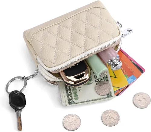 Vista 3 de XEYOU Monedero pequeño de piel auténtica con llavero y anillo, Blanco apagado, Casual