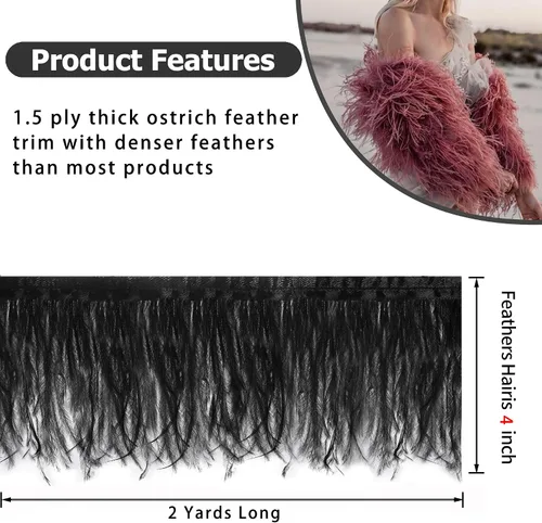 Vista 4 de SOGUGOM Adorno de Plumas de Avestruz Negro - 1.5 Capas 2 Yardas Plumas de 4 Pulgadas Adorno de Cintas con Flecos para Costura, Vestidos, Proyectos