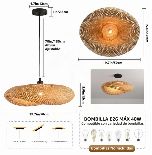 Vista 6 de lámpara colgante de bambú de 19.7 pulgadas estilo granja con enrejado de ratán para comedor, luces boho, accesorio de iluminación para isla