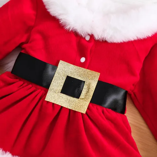 Vista 4 de WASAIGOOD Mameluco de Navidad para bebé niña, vestido de manga larga con ribete de piel, traje de terciopelo para Navidad, enterizo de invierno