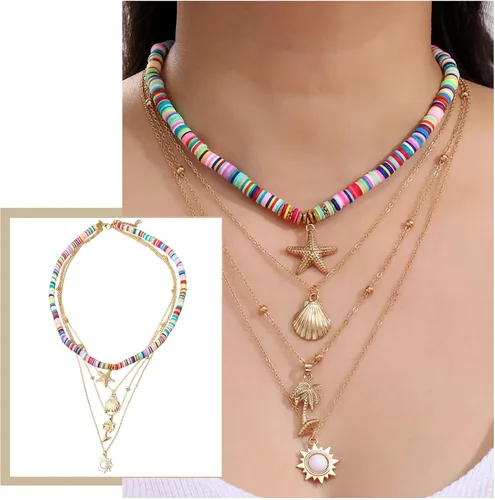Vista 2 de Collares largos para mujer, collares bohemios en capas, collar de concha marina de vieira dorada (multicolor, talla única)