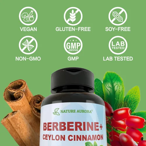 Vista 4 de Suplemento de berberina con canela de Ceilán y picolinato de cromo, 10 en 1 berberina 1000 mg por porción, berberina 5X para metabolismo, corazón e