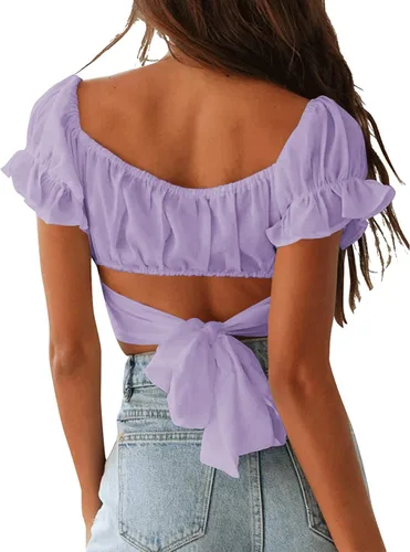 Vista 3 de FMEYOA Blusa de manga larga con hombros descubiertos para mujer, con lazo en la espalda