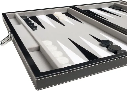 Vista 2 de Juego de backgammon de viaje de cuero sintético, campo de terciopelo con incrustaciones, 15 pulgadas, color negro