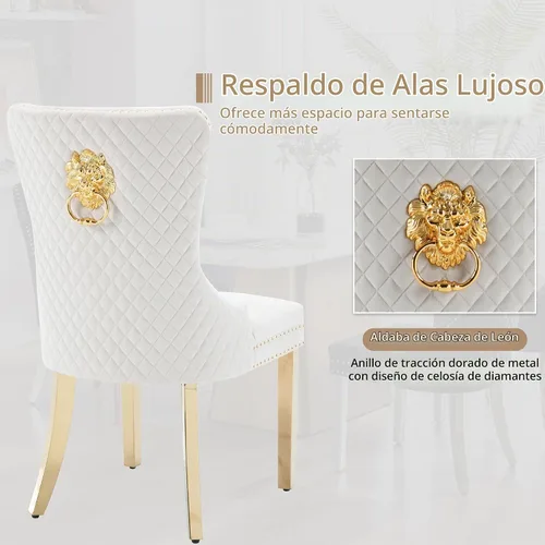 Vista 6 de Juego de 2 sillas de comedor, patas de metal dorado, anillo de león sofisticado, color beige Beige (oro)