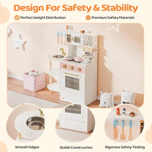 Vista 5 de JOYMOR Juego de Cocina Infantil, Cocina para Niños Pequeños con Fregadero de Cocina y Abundantes Accesorios de Cocina, Ideal para el Juego Creativo