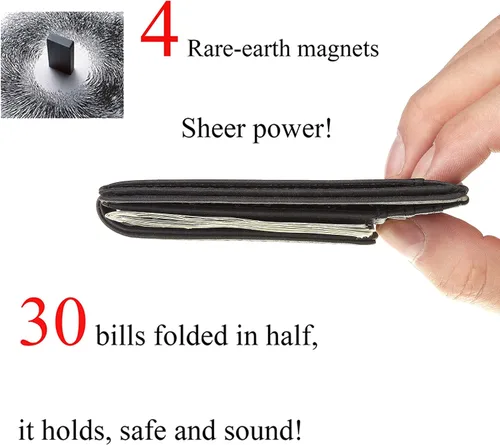 Vista 5 de Cartera minimalista Toughergun para hombres con clip de dinero magnético, cartera de cuero, tarjetero de crédito con bloqueo RFID Negro