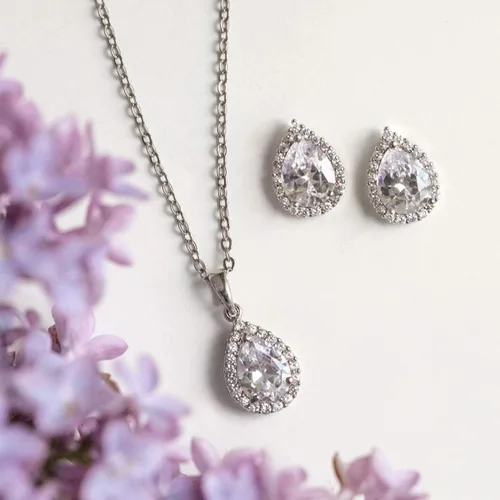 Vista 4 de A+O Conjunto de joyas de boda, collar y pendientes de lágrima en oro, oro rosa, plata